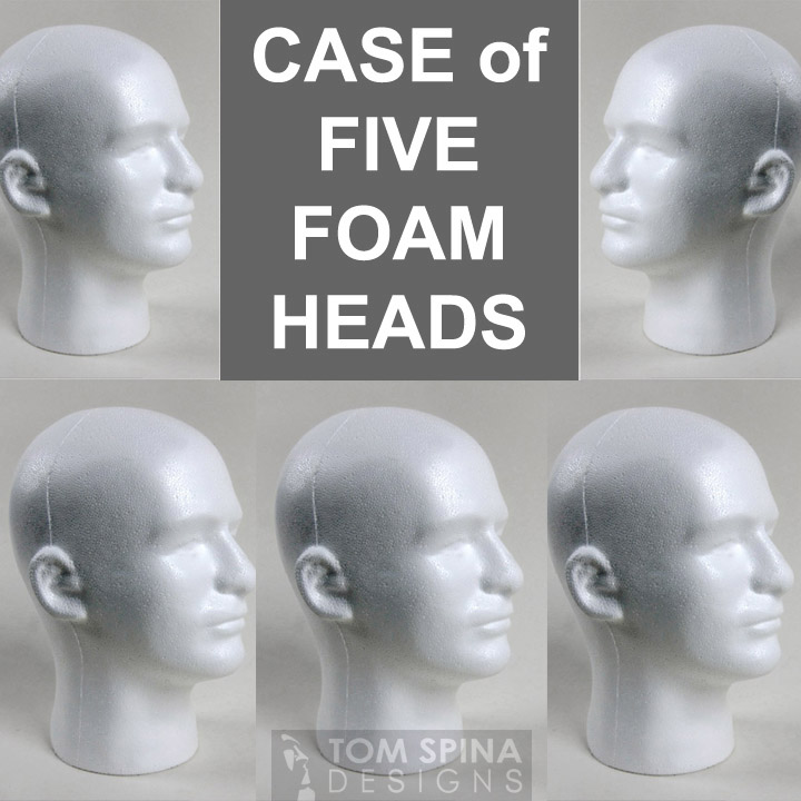 Case of 5 White Styrofoam Male Display Heads - Tom Spina Designs